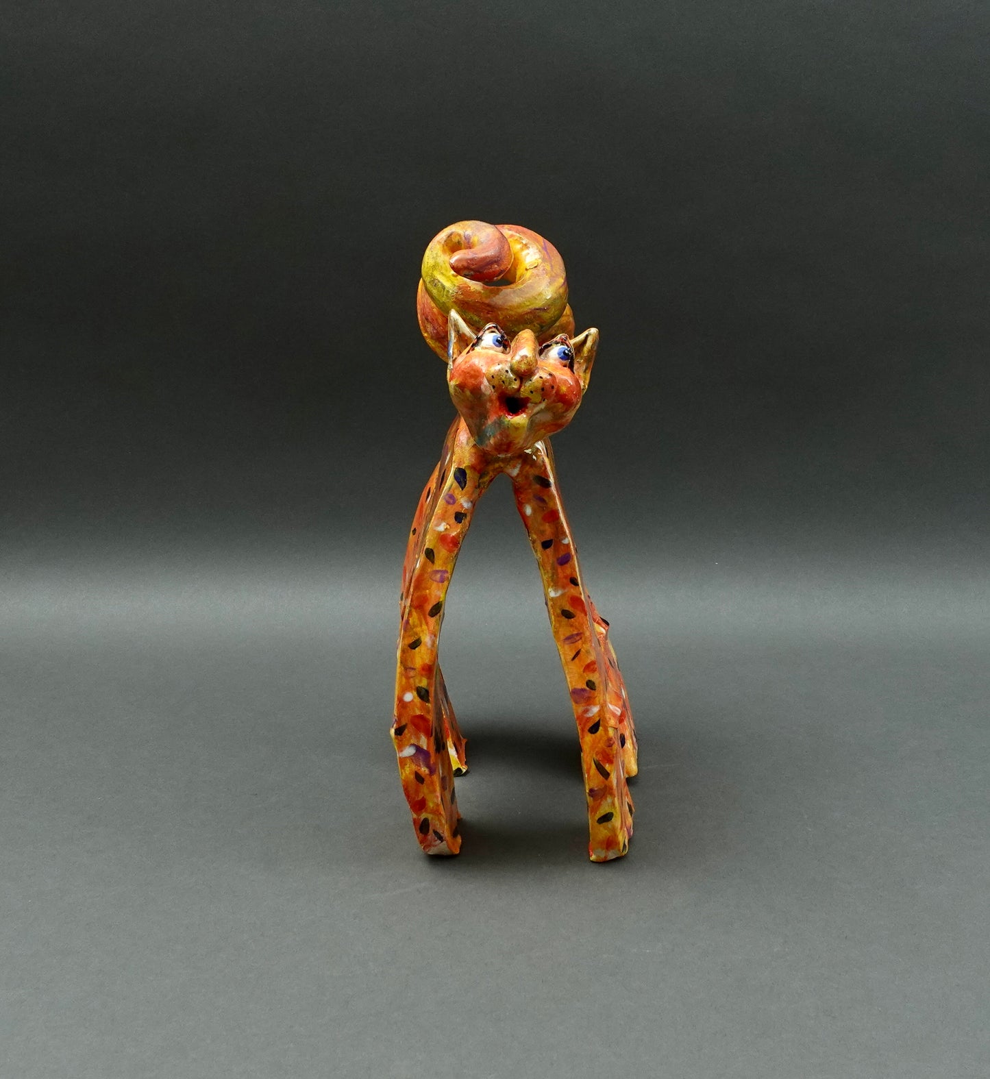 Whimsical Signed Studio Art Pottery Ceramic Cat Figurine Sculpture 11 1/4"