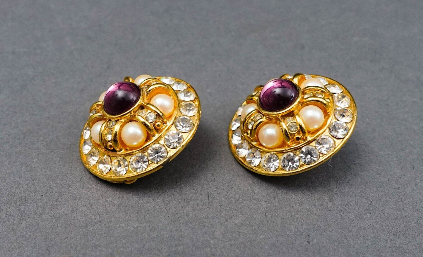Blanca Vintage Round Gold Tone Cabochon Rhinestone Faux Pearl Clip Earrings