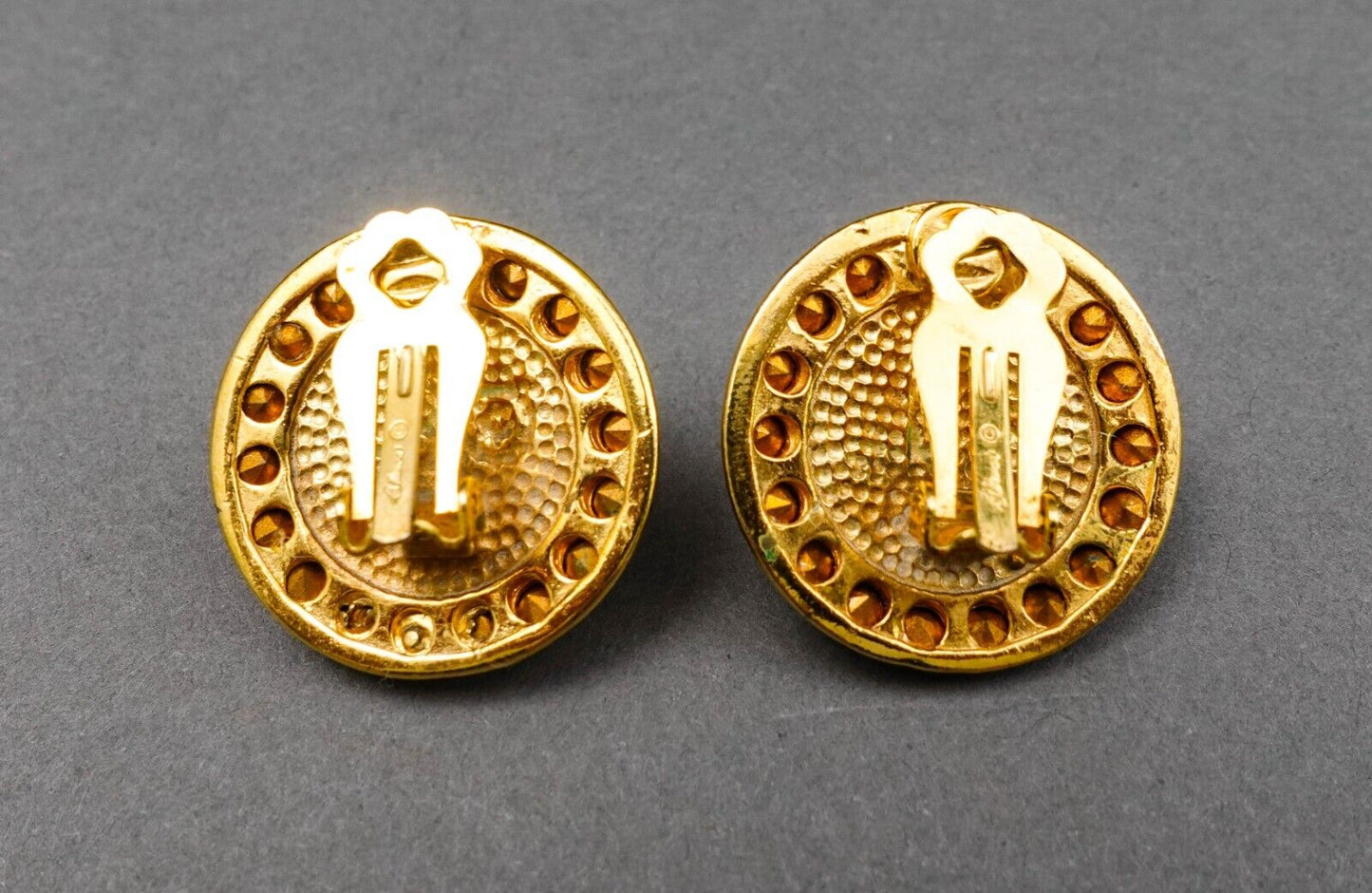 Blanca Vintage Round Gold Tone Cabochon Rhinestone Faux Pearl Clip Earrings