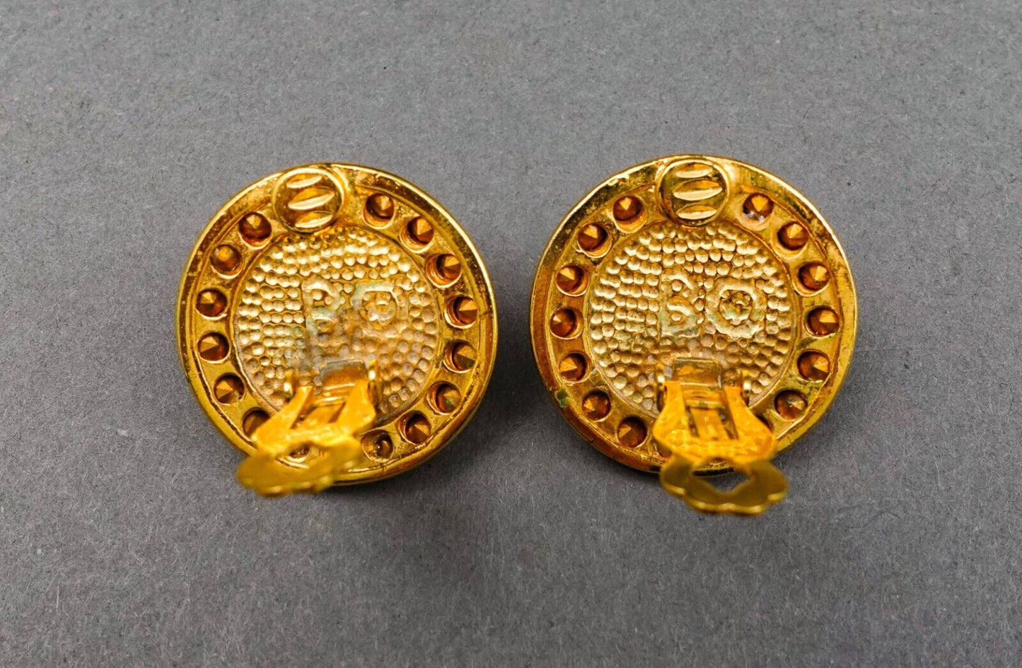 Blanca Vintage Round Gold Tone Cabochon Rhinestone Faux Pearl Clip Earrings