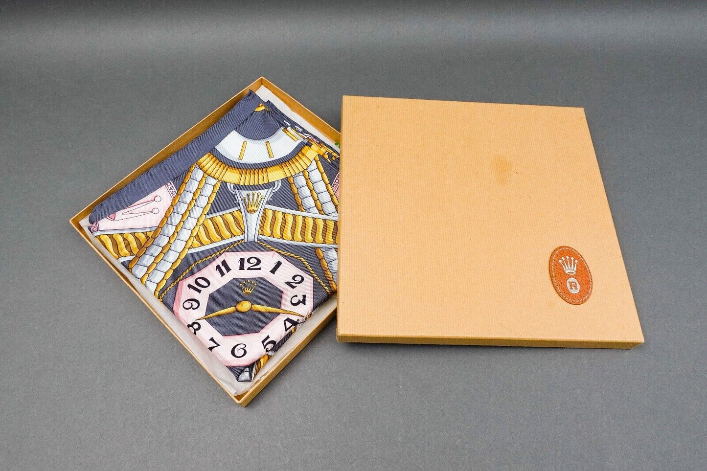 Rolex Of Geneva Italian Vintage Blue & Gold Silk Scarf In Box
