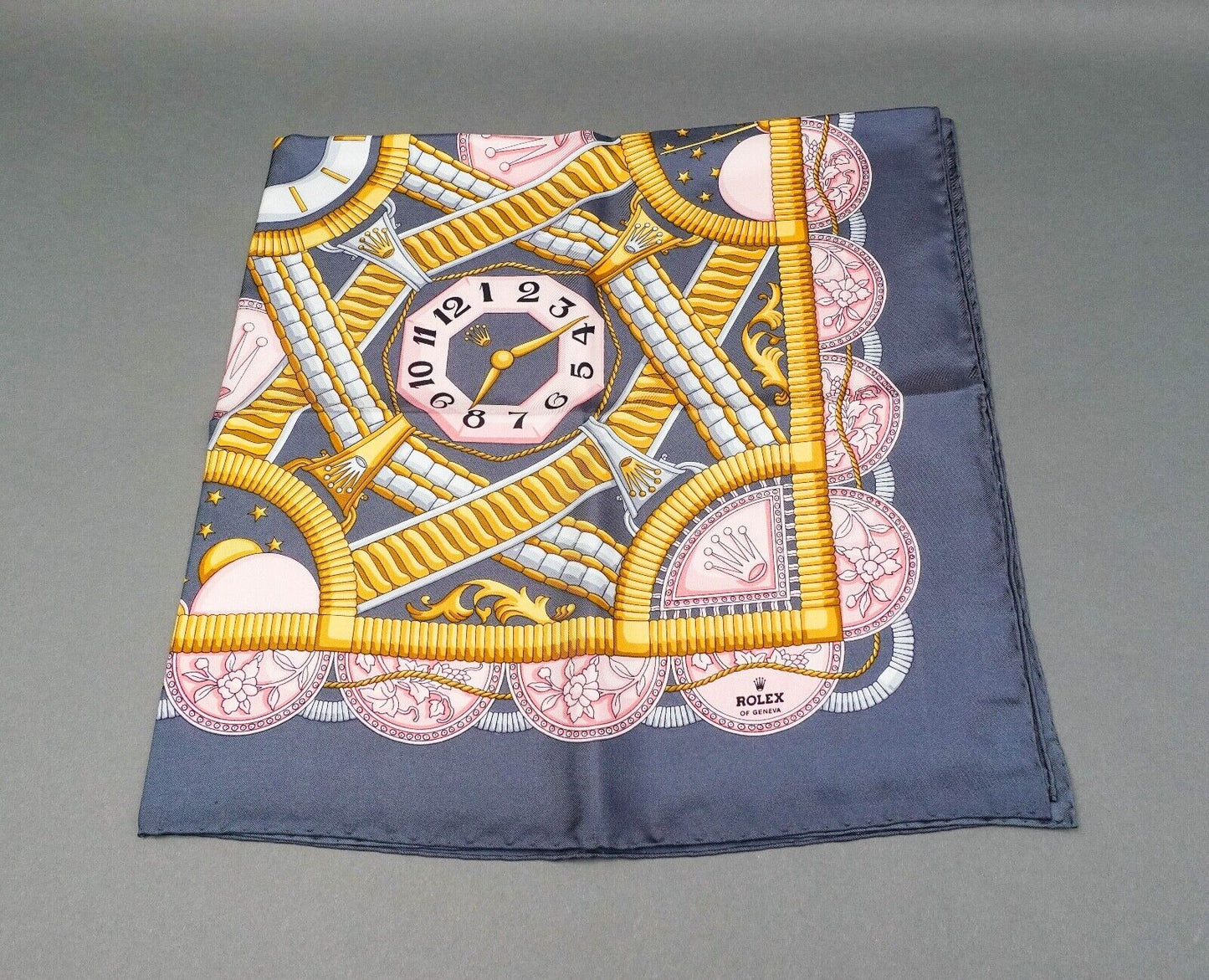 Rolex Of Geneva Italian Vintage Blue & Gold Silk Scarf In Box