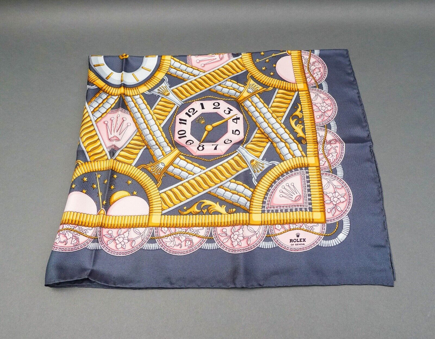 Rolex Of Geneva Italian Vintage Blue & Gold Silk Scarf In Box