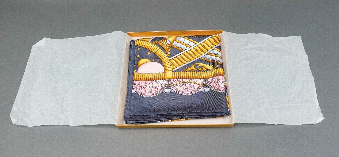 Rolex Of Geneva Italian Vintage Blue & Gold Silk Scarf In Box