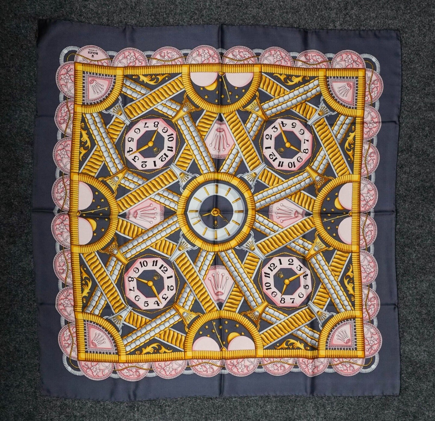 Rolex Of Geneva Italian Vintage Blue & Gold Silk Scarf In Box