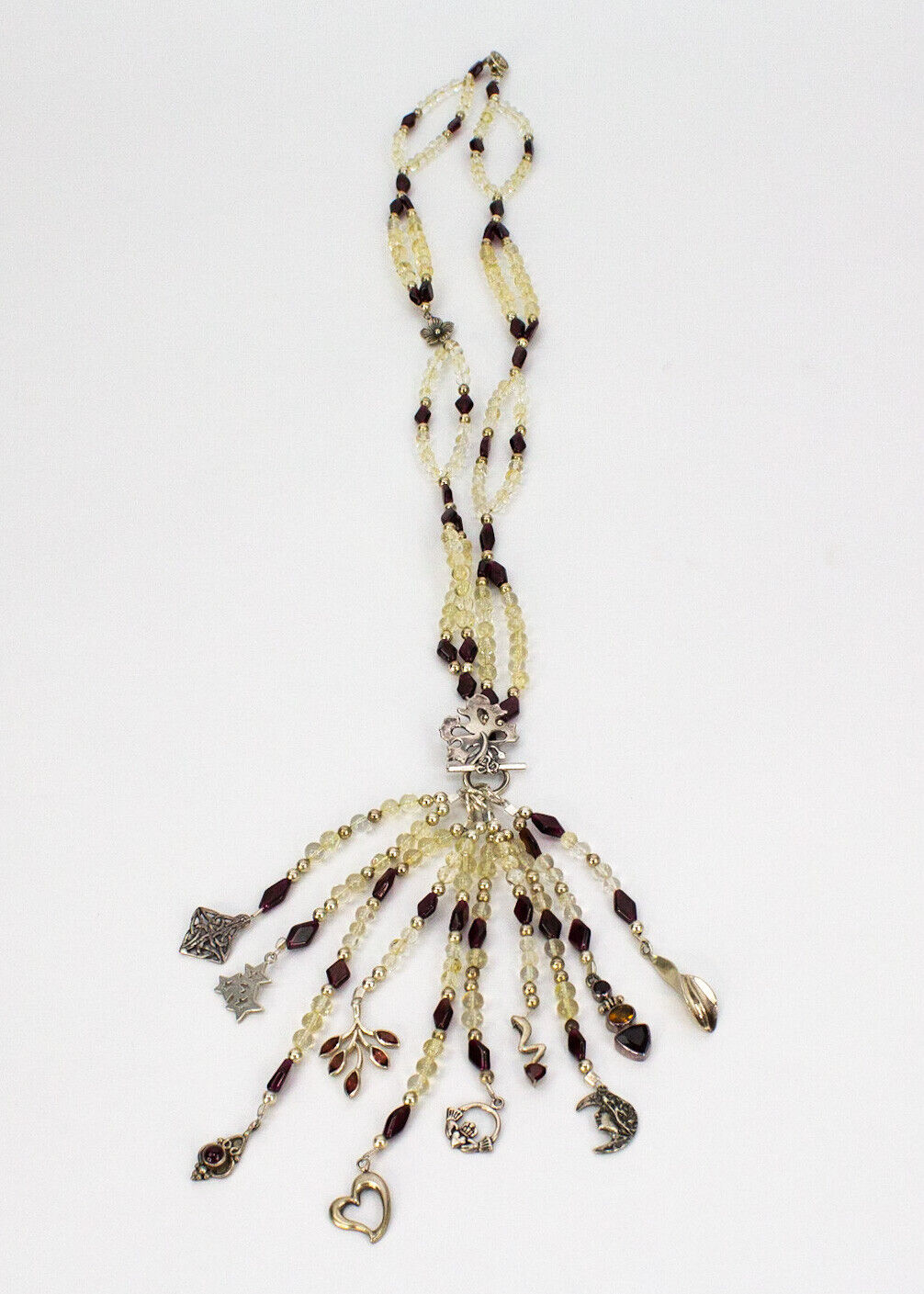 Sterling Quartz Amethyst Beaded Multi Strand Dangling Pendants Tassel Necklace