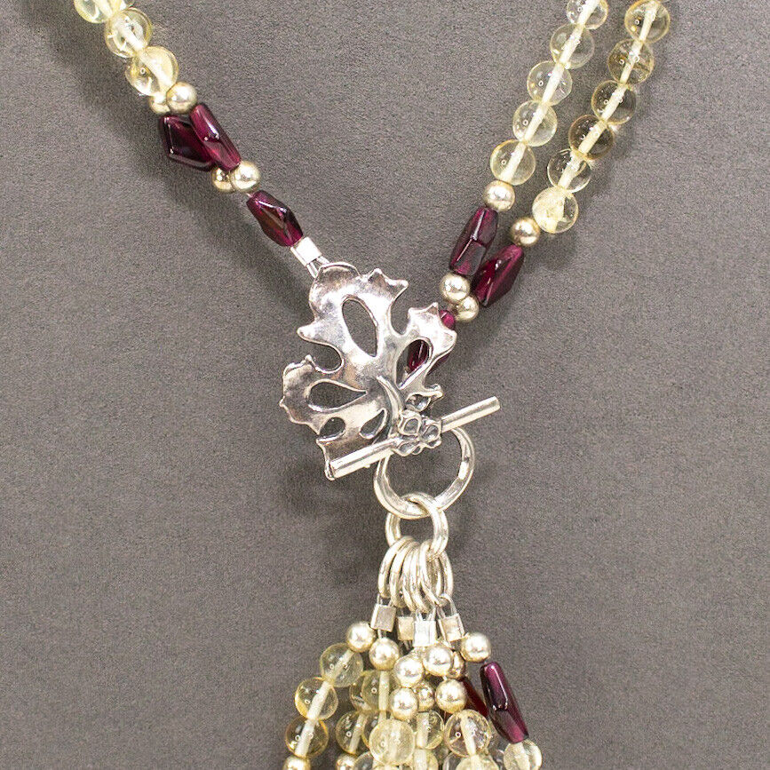 Sterling Quartz Amethyst Beaded Multi Strand Dangling Pendants Tassel Necklace