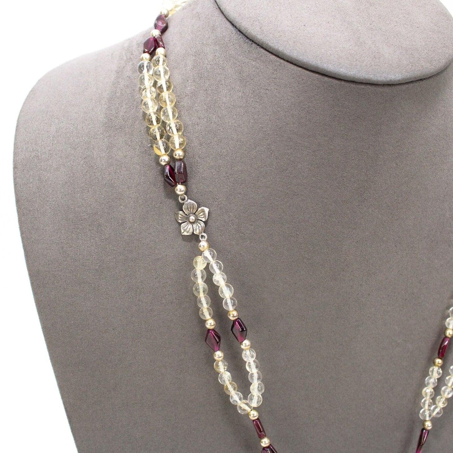 Sterling Quartz Amethyst Beaded Multi Strand Dangling Pendants Tassel Necklace