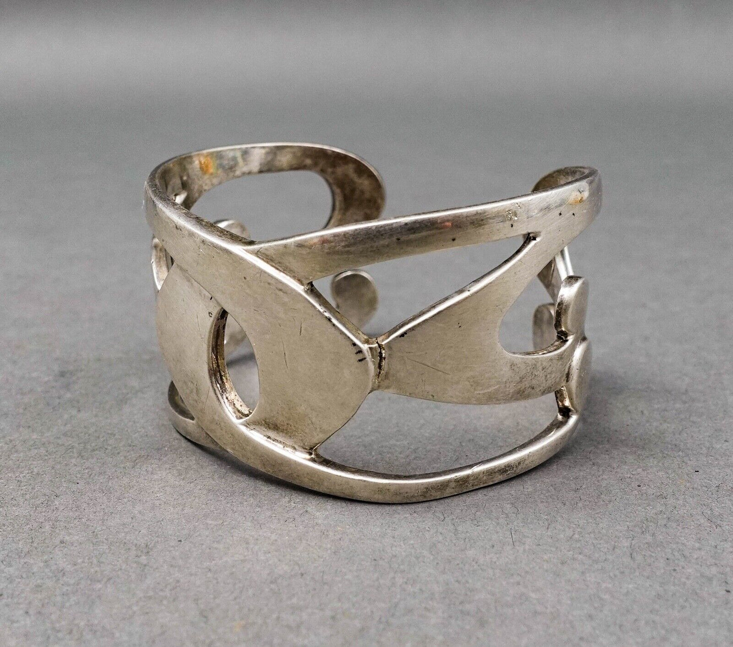 Vintage WM Signed .925 Sterling Silver Modernist Heavy Wide Cuff Bracelet