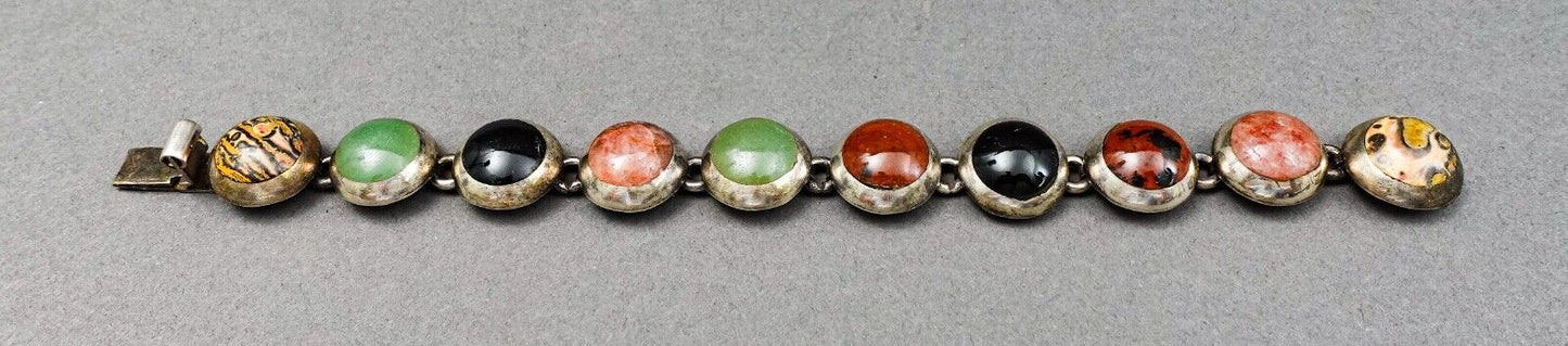 Vintage Taxco Mexico 925 Sterling Silver TM-33 Multi Stone Cabochon Bracelet