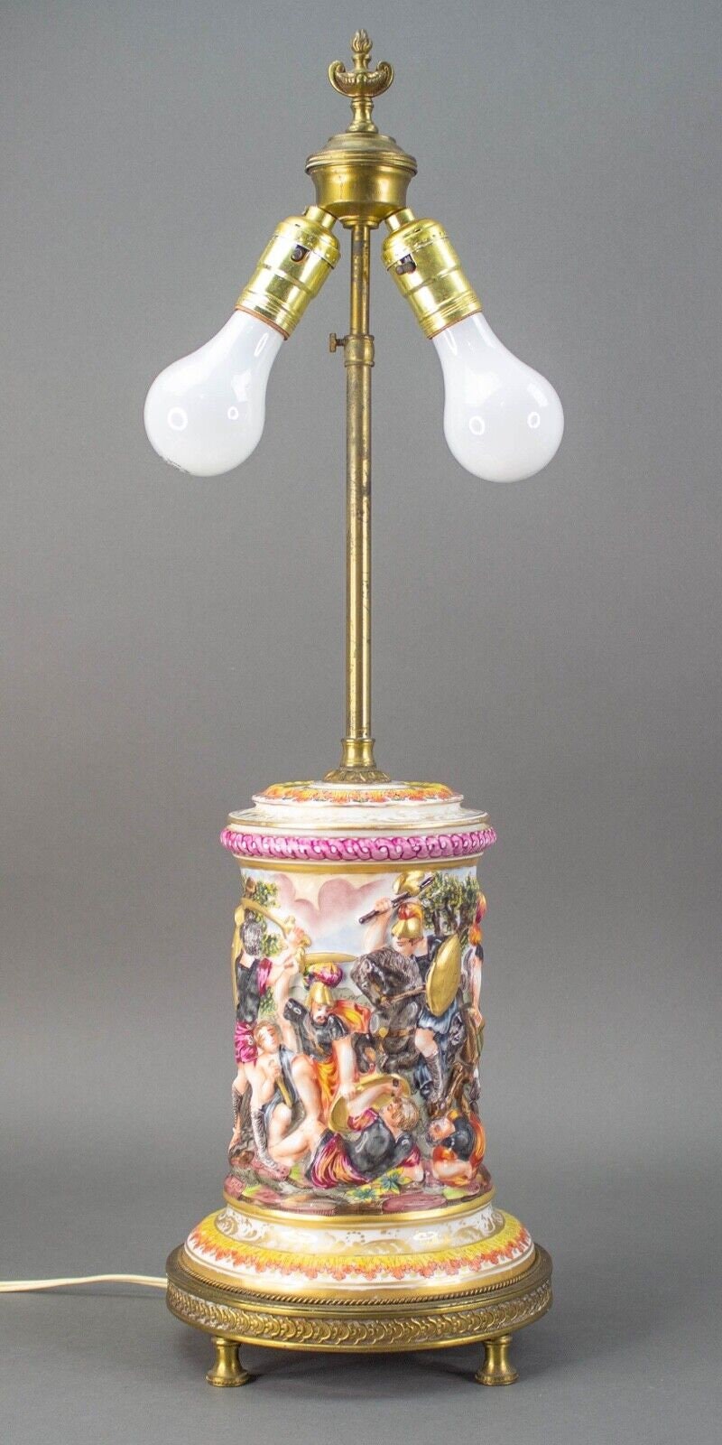 Capodimonte Porcelain Decorated Relief Warriors In Battle Lamp With Bronze Base