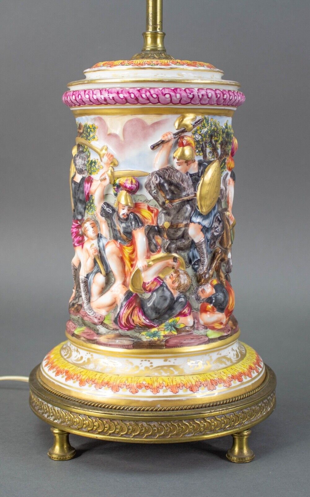 Capodimonte Porcelain Decorated Relief Warriors In Battle Lamp With Bronze Base