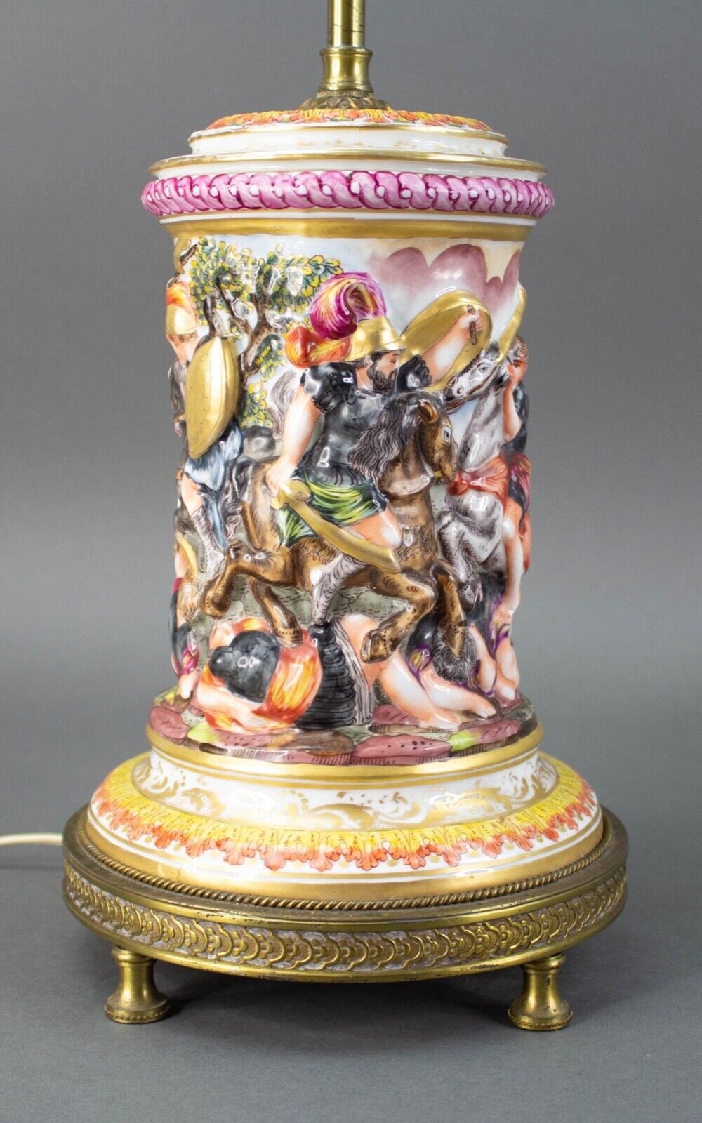 Capodimonte Porcelain Decorated Relief Warriors In Battle Lamp With Bronze Base