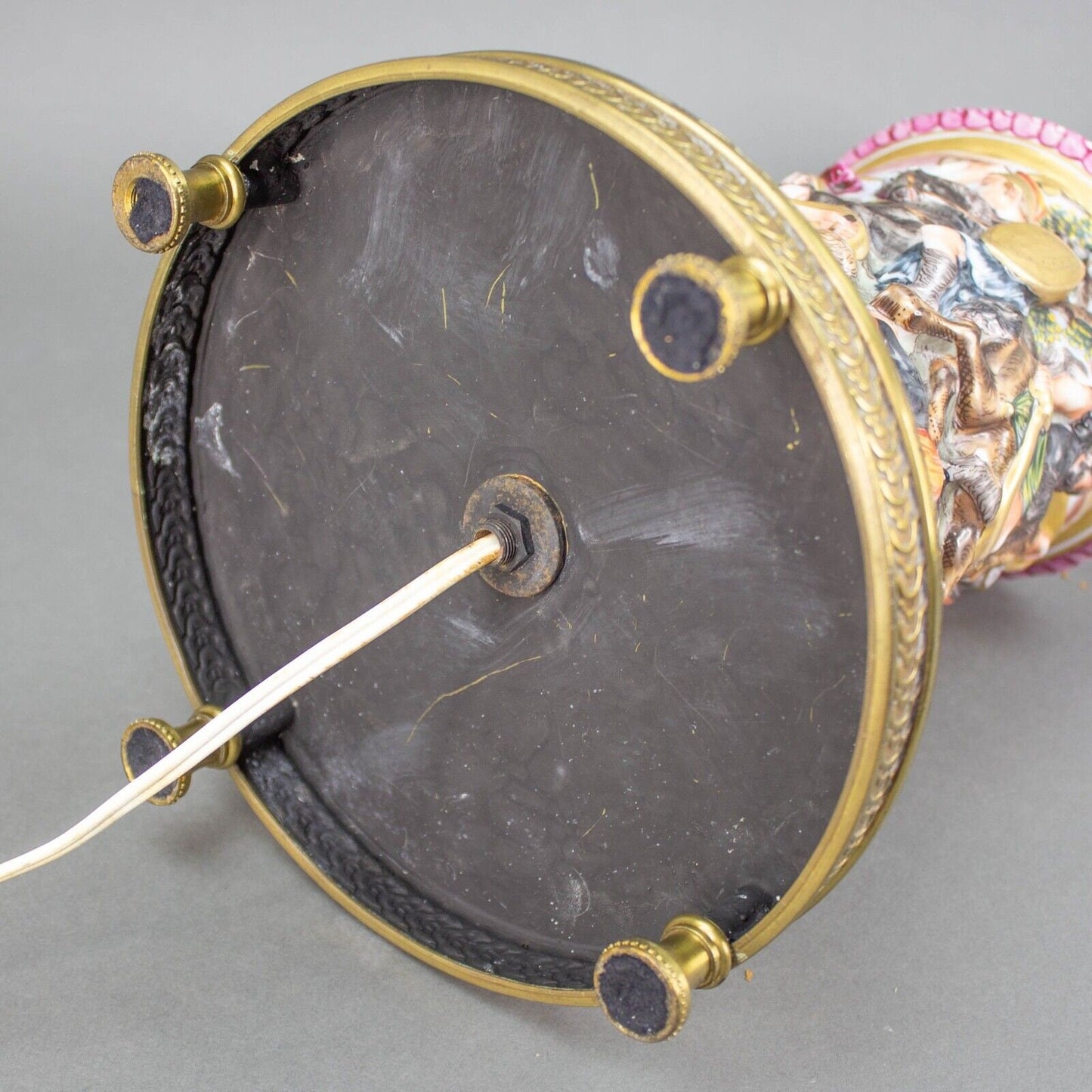 Capodimonte Porcelain Decorated Relief Warriors In Battle Lamp With Bronze Base