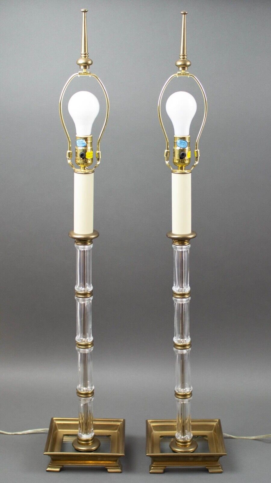 Pair Chapman 1984 Vintage Blown Glass Bamboo Column & Brass Accents Table Lamps