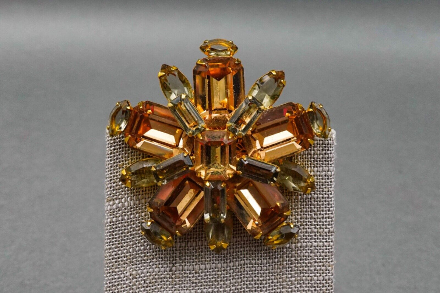 Schrager Signed Vintage Starburst Gold Tone Amber Rhinestone Brooch Pin