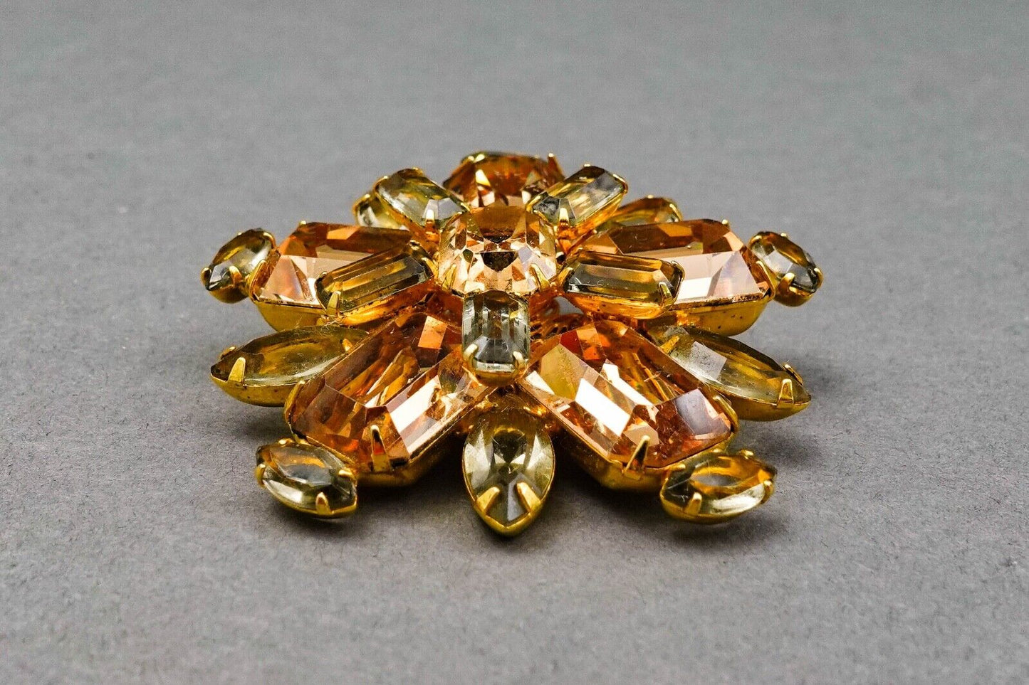 Schrager Signed Vintage Starburst Gold Tone Amber Rhinestone Brooch Pin