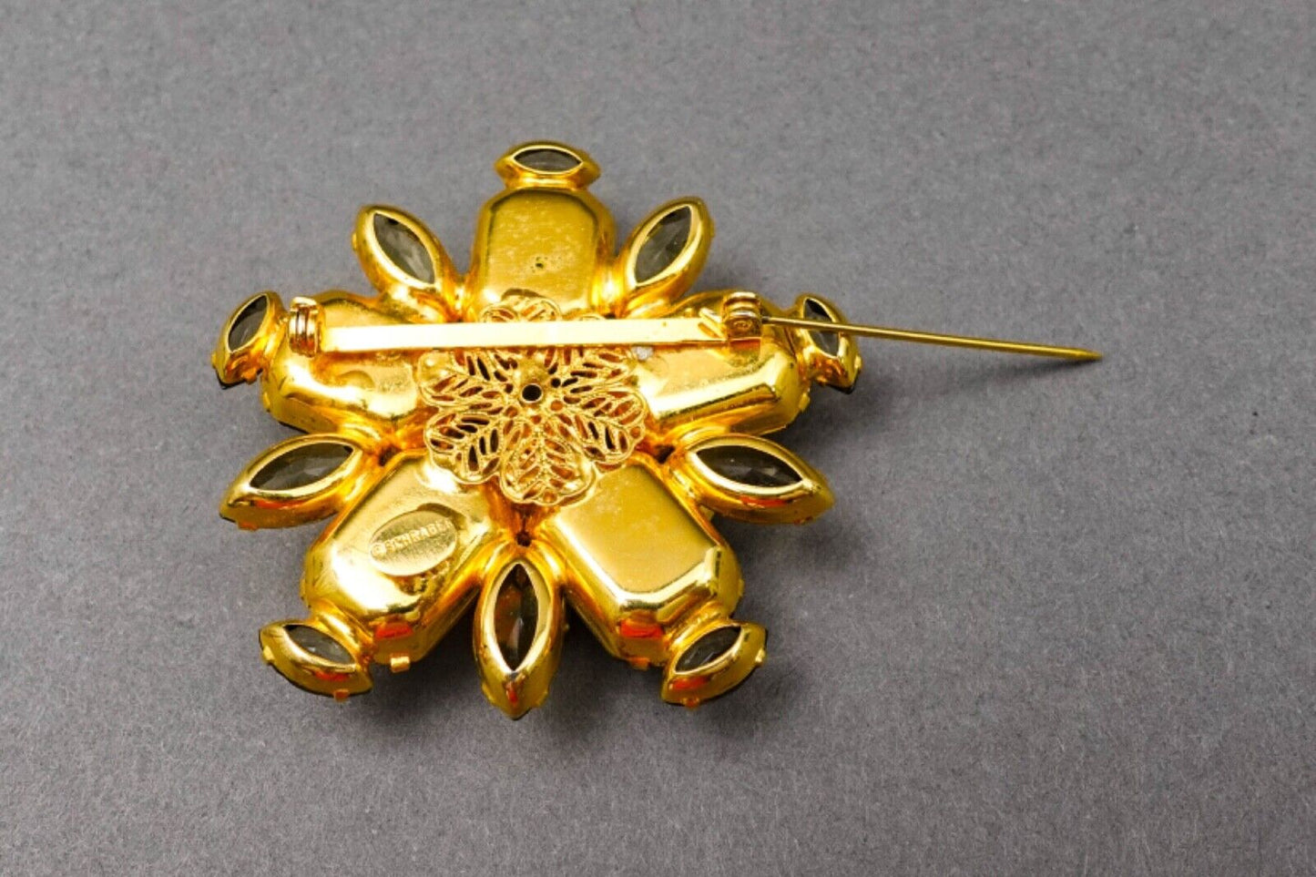 Schrager Signed Vintage Starburst Gold Tone Amber Rhinestone Brooch Pin