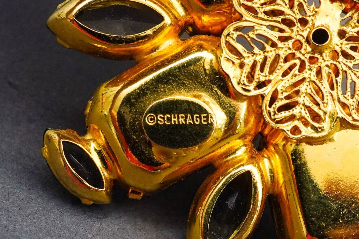 Schrager Signed Vintage Starburst Gold Tone Amber Rhinestone Brooch Pin