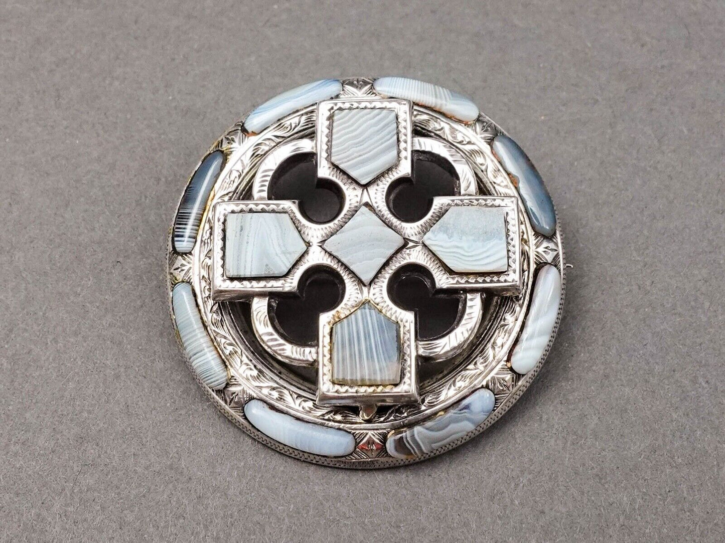 Scottish Victorian Antique Sterling Blue Lace Agate St.Andrews Cross Brooch Pin