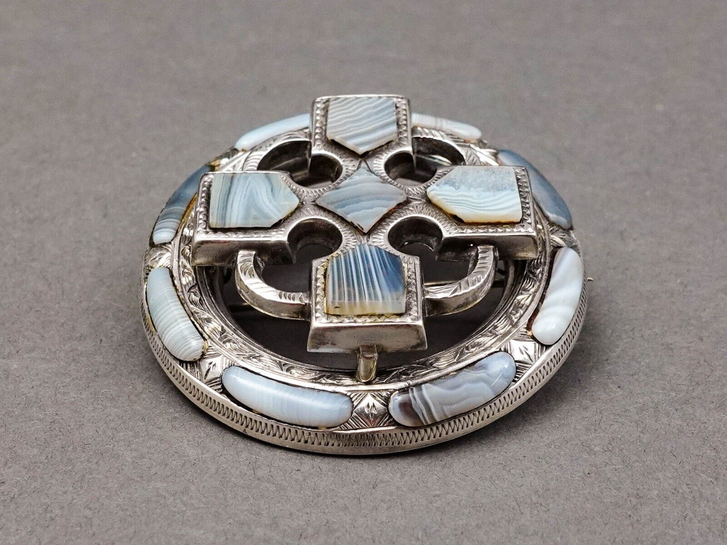 Scottish Victorian Antique Sterling Blue Lace Agate St.Andrews Cross Brooch Pin