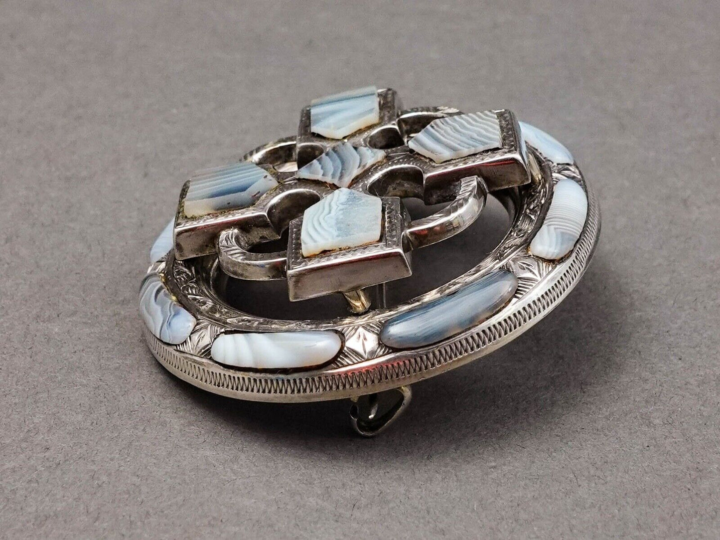 Scottish Victorian Antique Sterling Blue Lace Agate St.Andrews Cross Brooch Pin