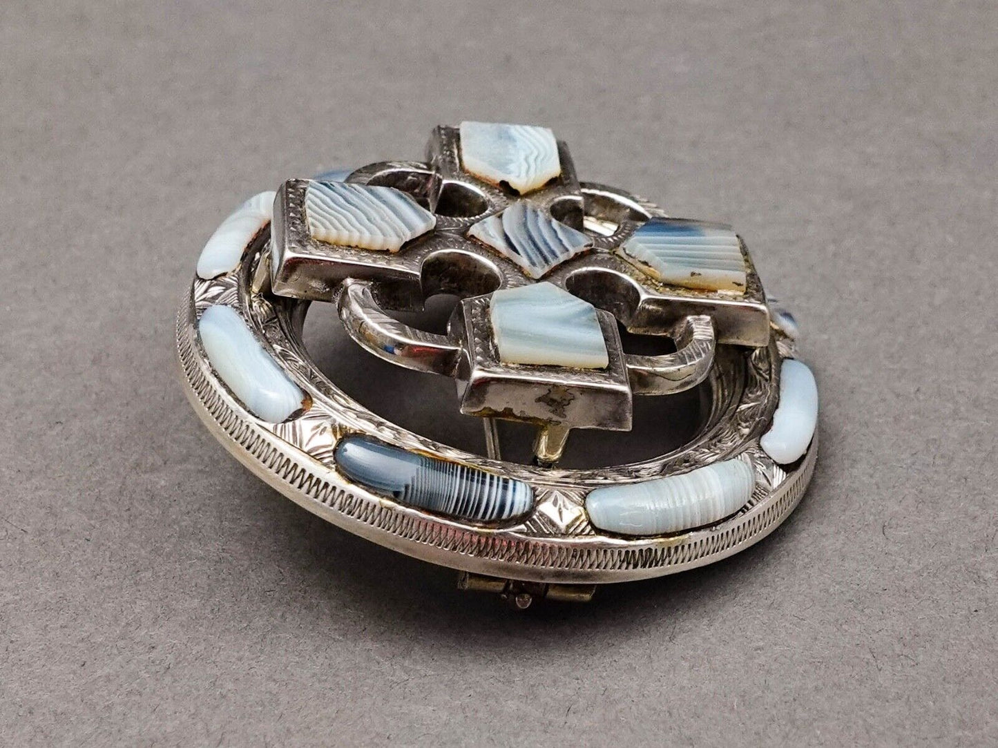 Scottish Victorian Antique Sterling Blue Lace Agate St.Andrews Cross Brooch Pin