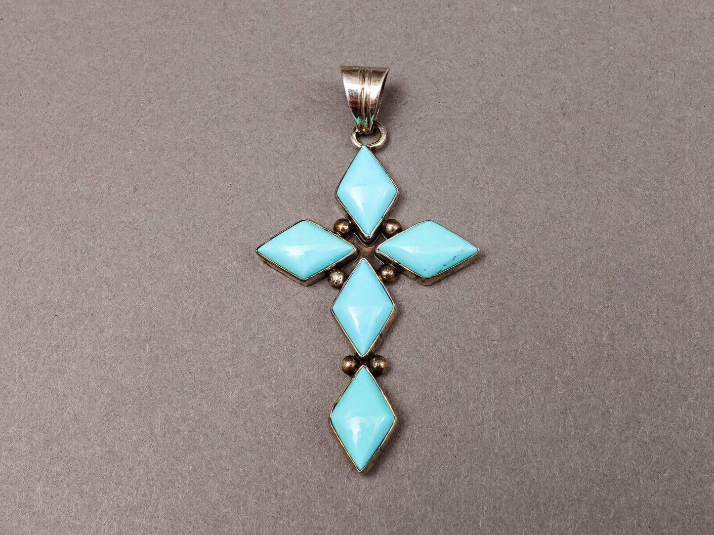 Running Bear RB Signed Navajo Sterling Silver 925 Turquoise Cross Pendant
