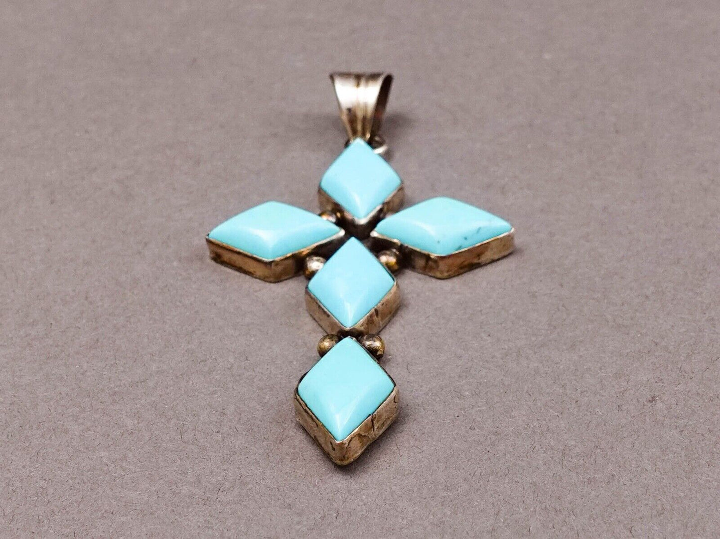 Running Bear RB Signed Navajo Sterling Silver 925 Turquoise Cross Pendant