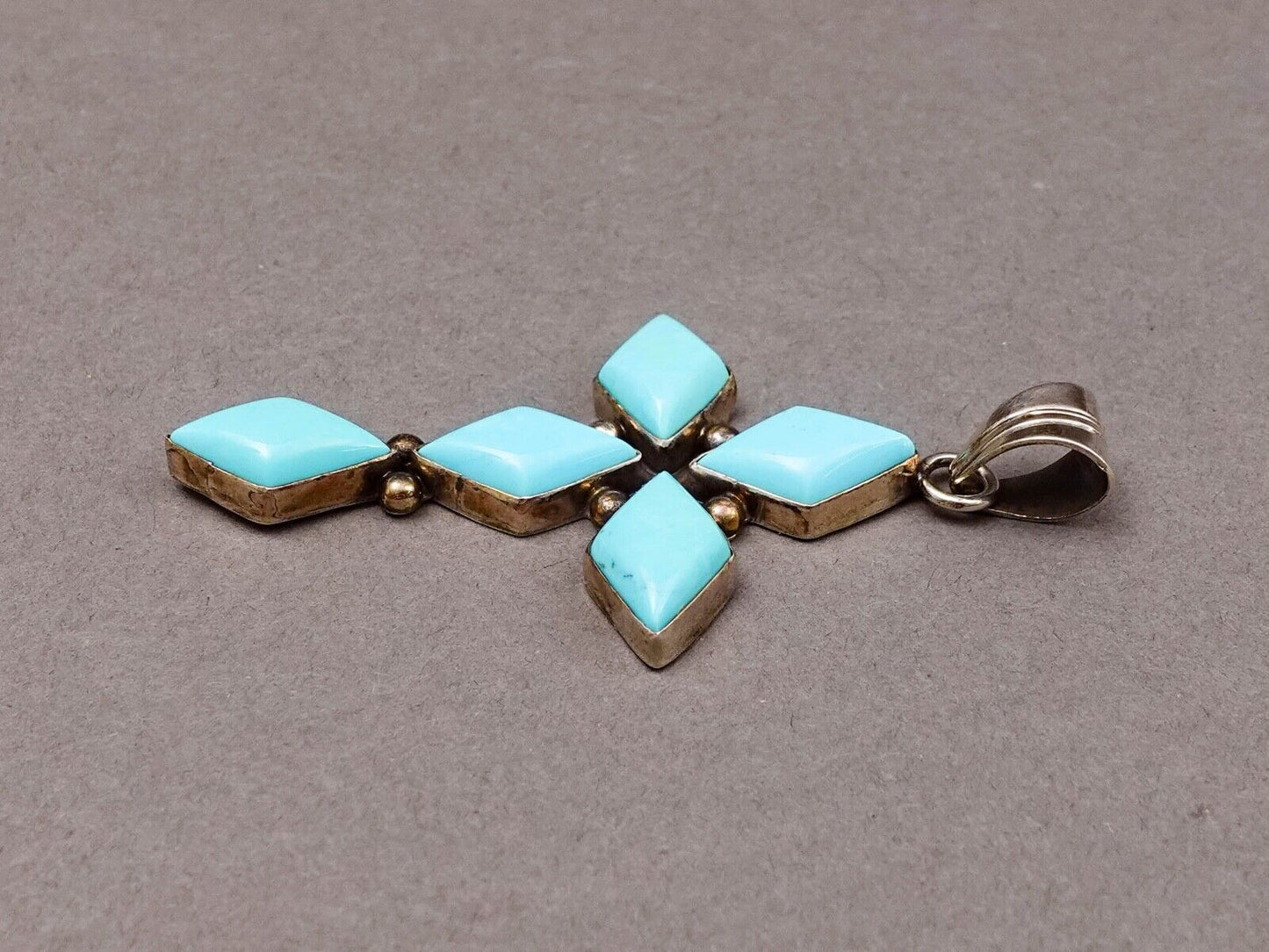 Running Bear RB Signed Navajo Sterling Silver 925 Turquoise Cross Pendant