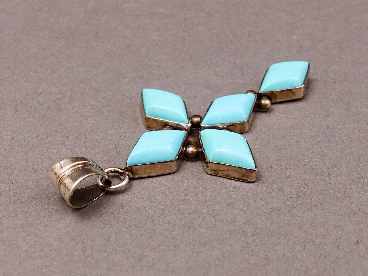 Running Bear RB Signed Navajo Sterling Silver 925 Turquoise Cross Pendant