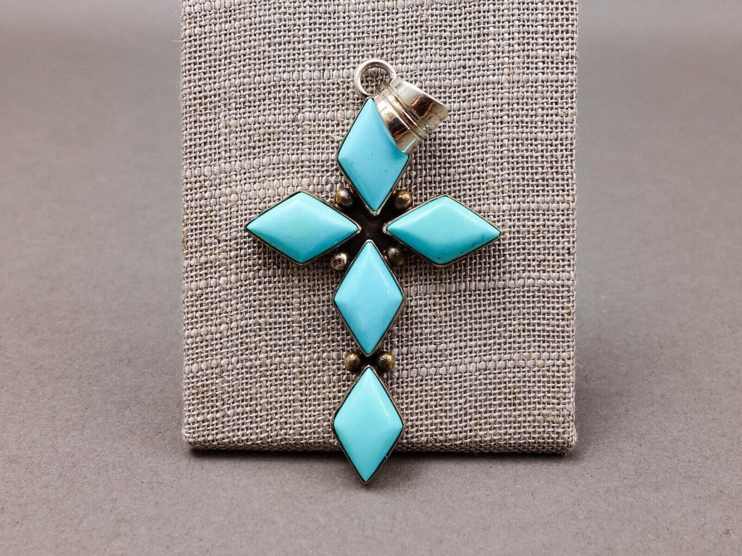 Running Bear RB Signed Navajo Sterling Silver 925 Turquoise Cross Pendant