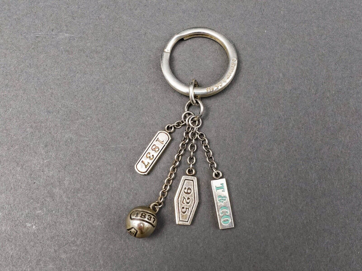 Tiffany & Co. 1837 Sterling Silver Dangle 4 Charm Key Ring Keychain With Pouch