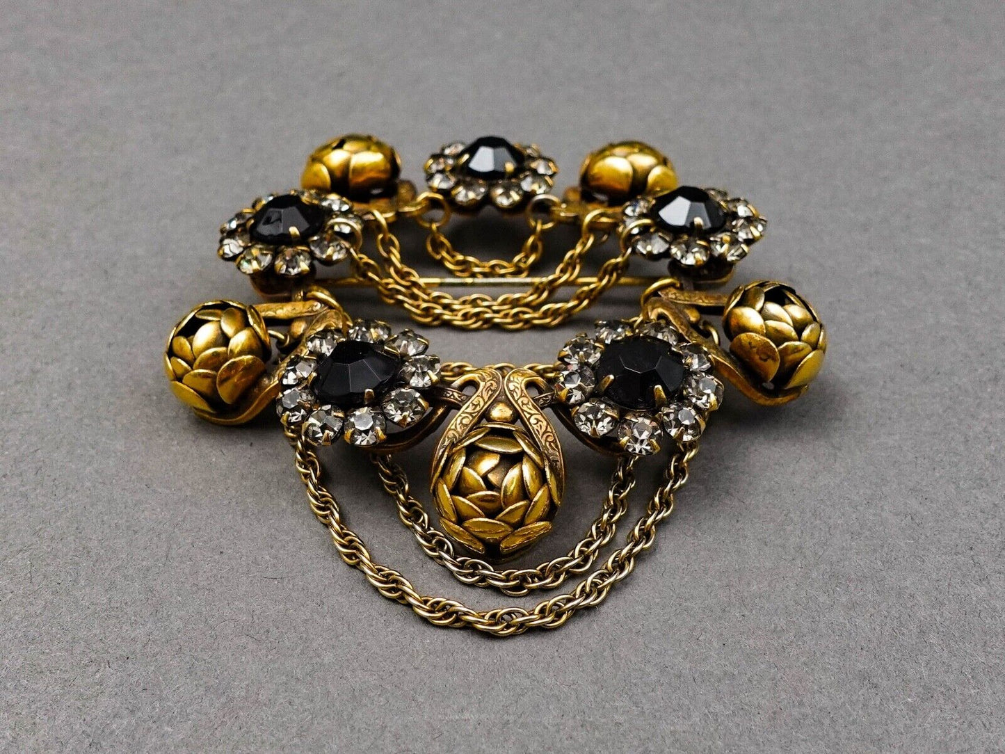 Sandor Signed Vintage Floral Gold Tone Black Rhinestones Dangle Chain Brooch Pin