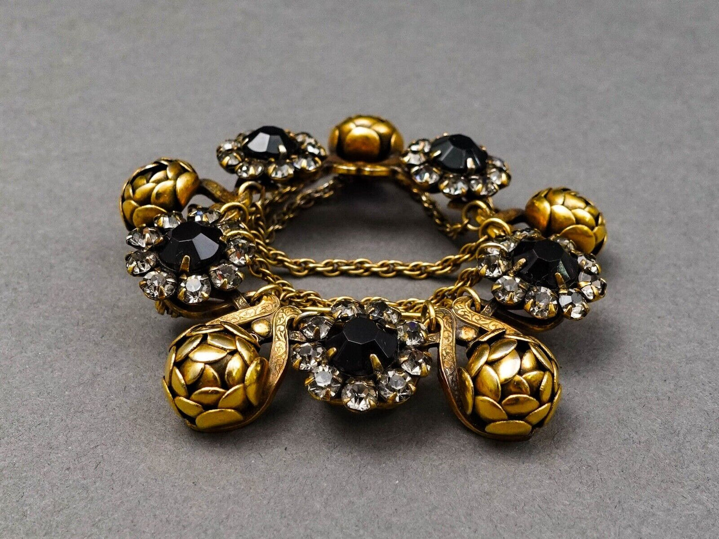 Sandor Signed Vintage Floral Gold Tone Black Rhinestones Dangle Chain Brooch Pin