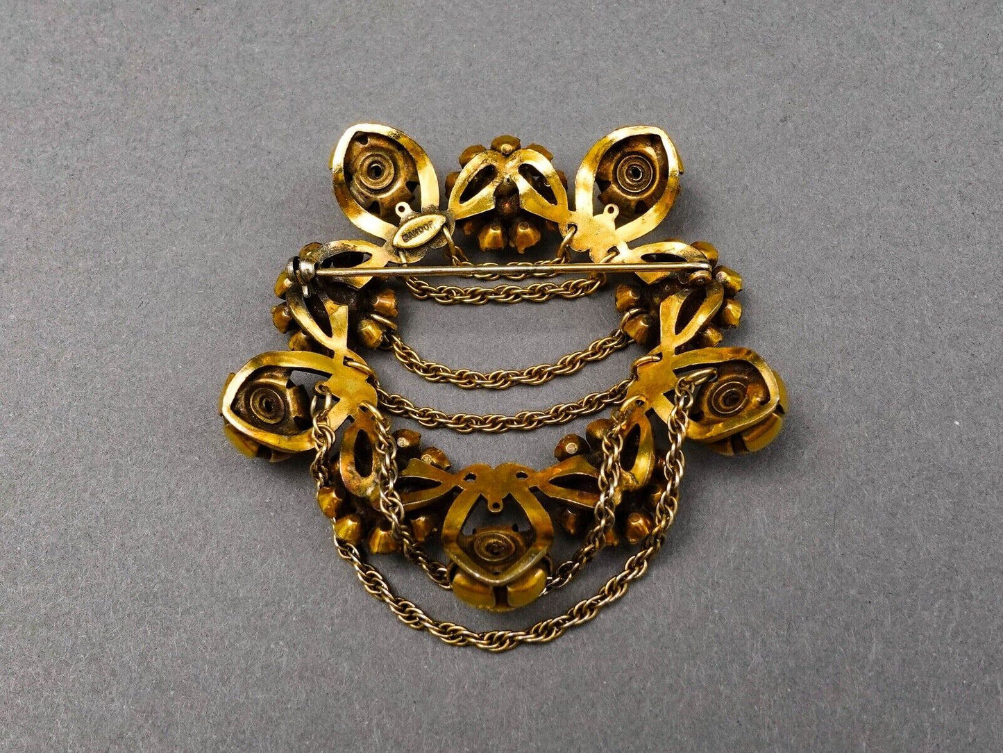 Sandor Signed Vintage Floral Gold Tone Black Rhinestones Dangle Chain Brooch Pin