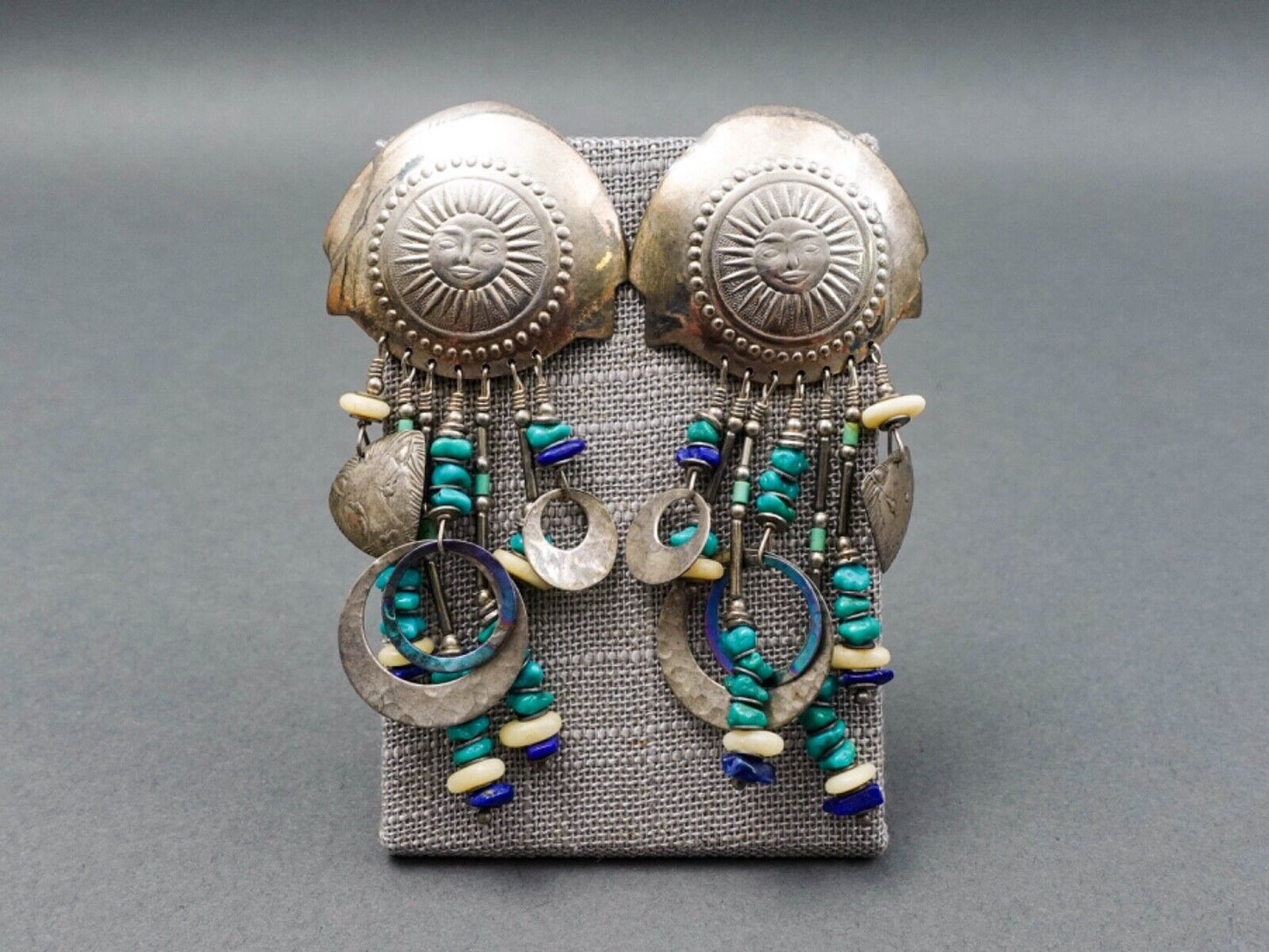 Tabra Sterling Silver Turquoise Lapis Celestial Sun Tribal Dangle Drop Earrings