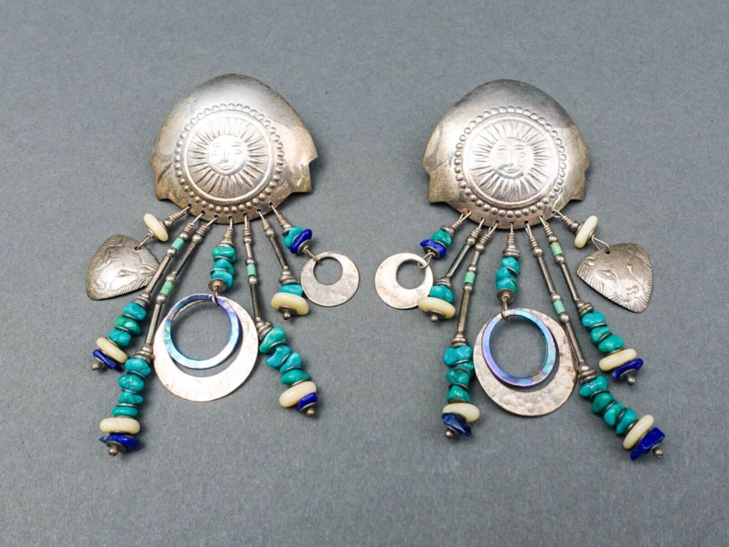 Tabra Sterling Silver Turquoise Lapis Celestial Sun Tribal Dangle Drop Earrings