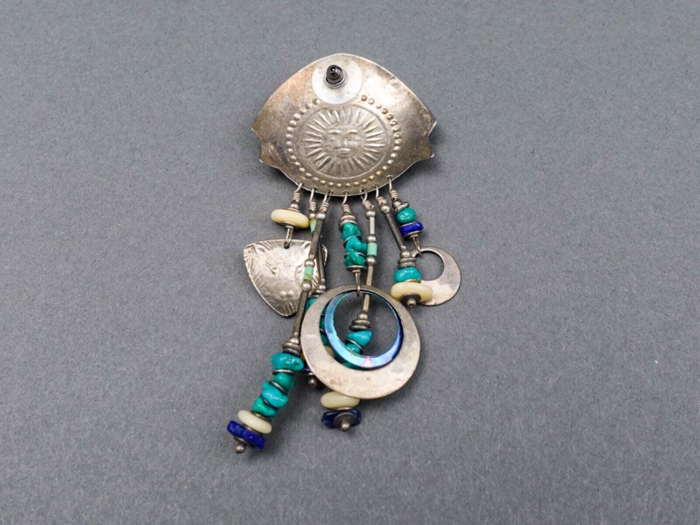 Tabra Sterling Silver Turquoise Lapis Celestial Sun Tribal Dangle Drop Earrings
