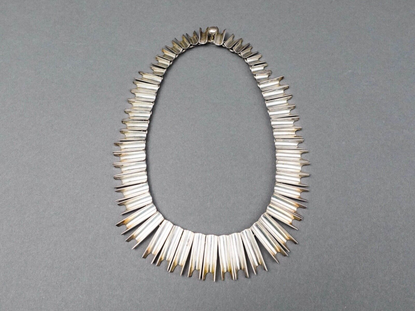 Taxco Mexico Heavy Modernist Sterling Silver Concave Fringe Bib Choker Necklace