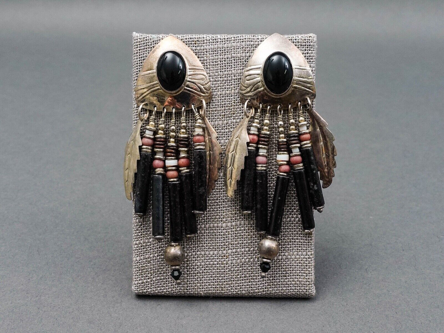 Tabra Signed Vintage Sterling Silver Onyx Feather Tribal Dangle Drop Earrings