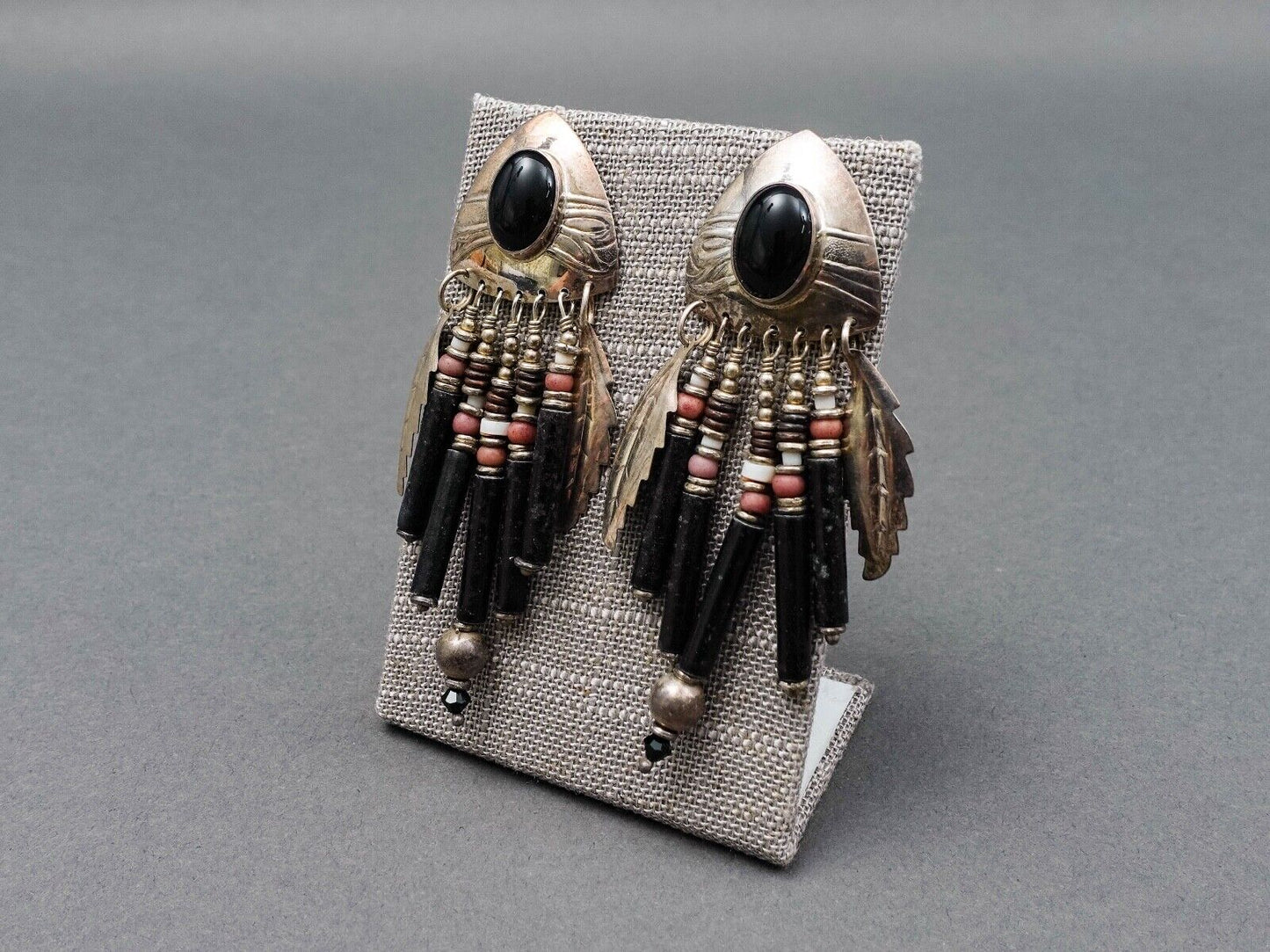 Tabra Signed Vintage Sterling Silver Onyx Feather Tribal Dangle Drop Earrings