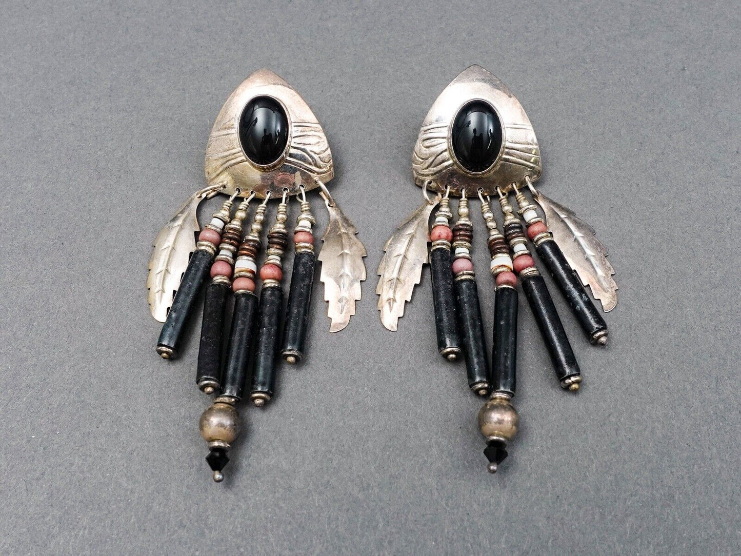 Tabra Signed Vintage Sterling Silver Onyx Feather Tribal Dangle Drop Earrings
