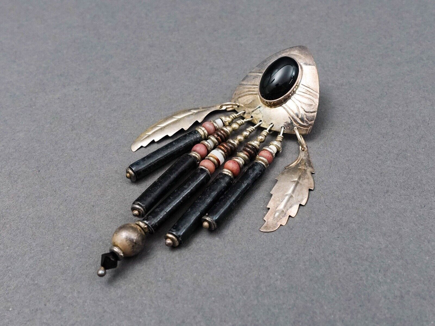 Tabra Signed Vintage Sterling Silver Onyx Feather Tribal Dangle Drop Earrings