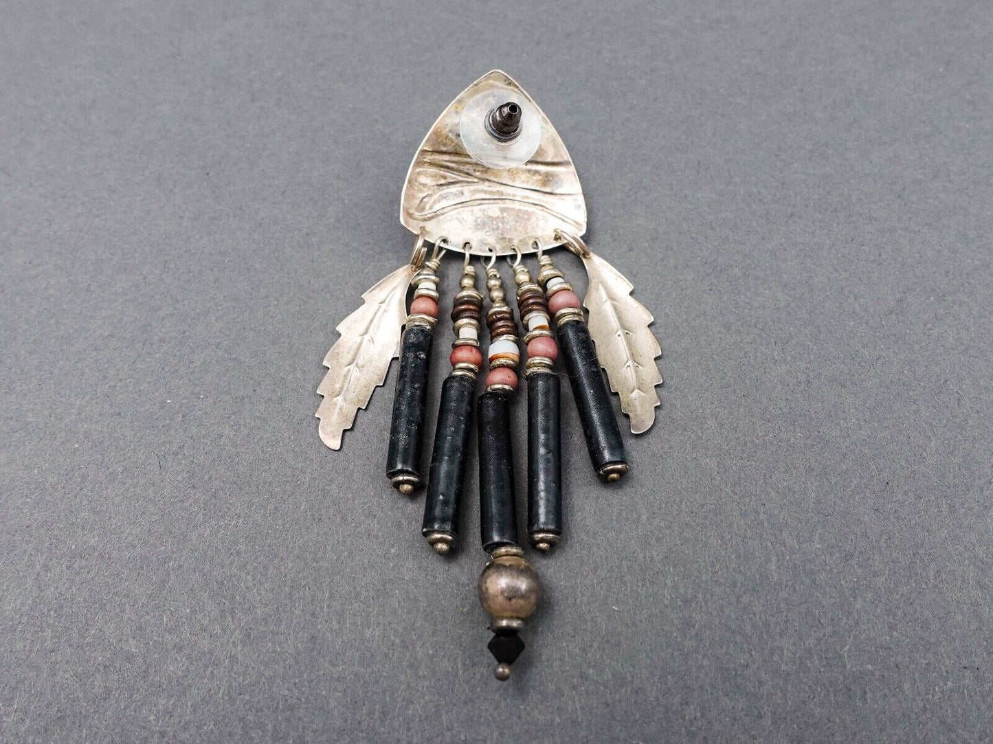 Tabra Signed Vintage Sterling Silver Onyx Feather Tribal Dangle Drop Earrings