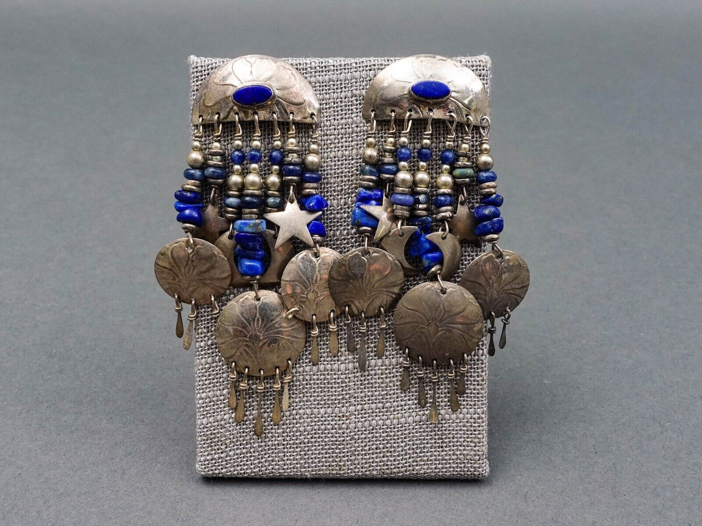 Tabra Vintage Sterling Silver Lapis Lazuli Lotus Star Moon Dangle Drop Earrings
