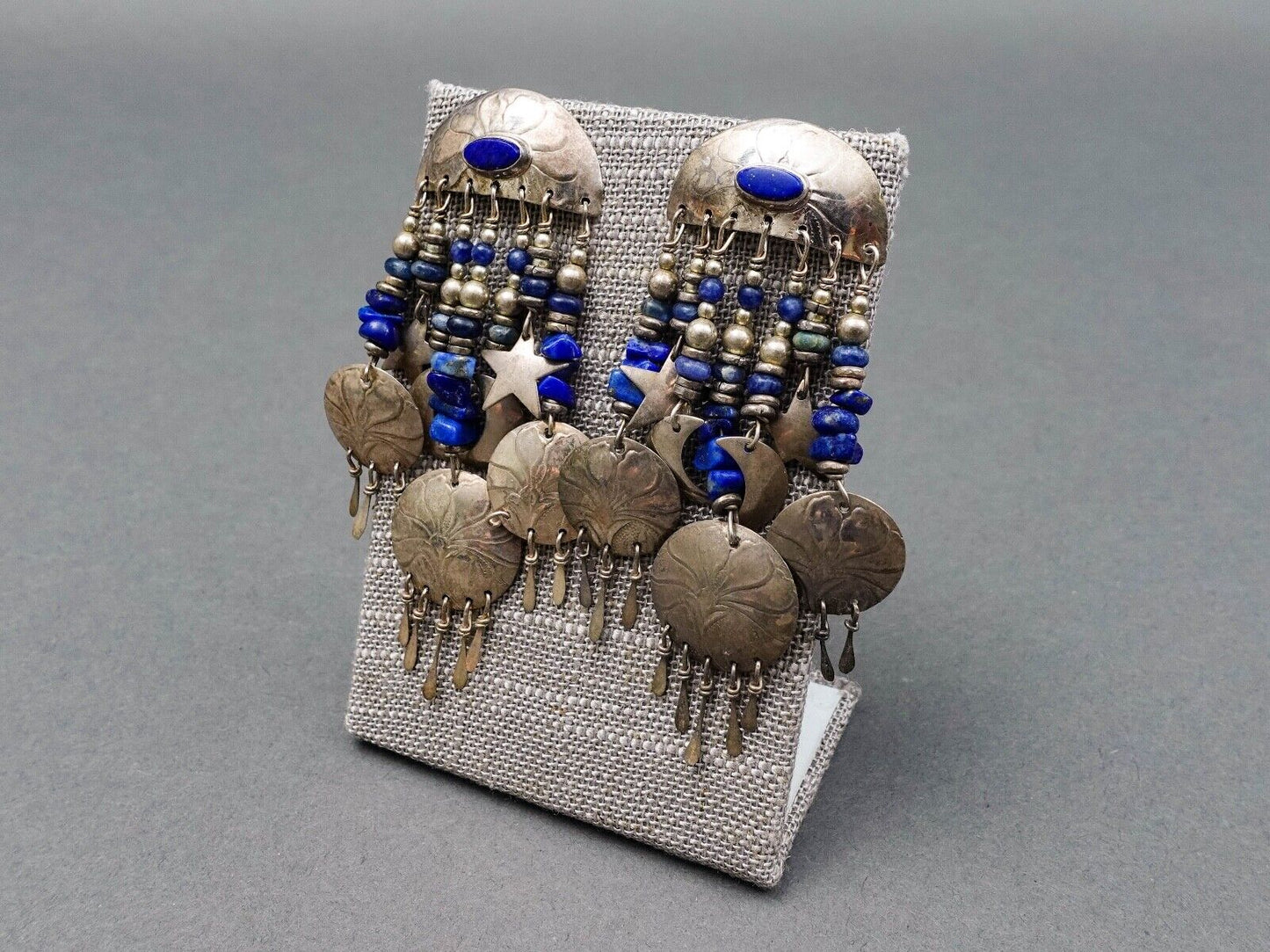 Tabra Vintage Sterling Silver Lapis Lazuli Lotus Star Moon Dangle Drop Earrings