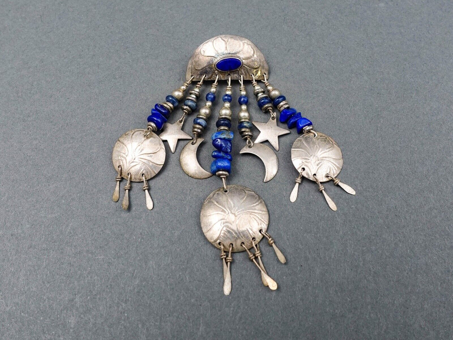 Tabra Vintage Sterling Silver Lapis Lazuli Lotus Star Moon Dangle Drop Earrings