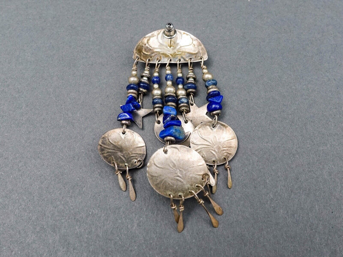 Tabra Vintage Sterling Silver Lapis Lazuli Lotus Star Moon Dangle Drop Earrings