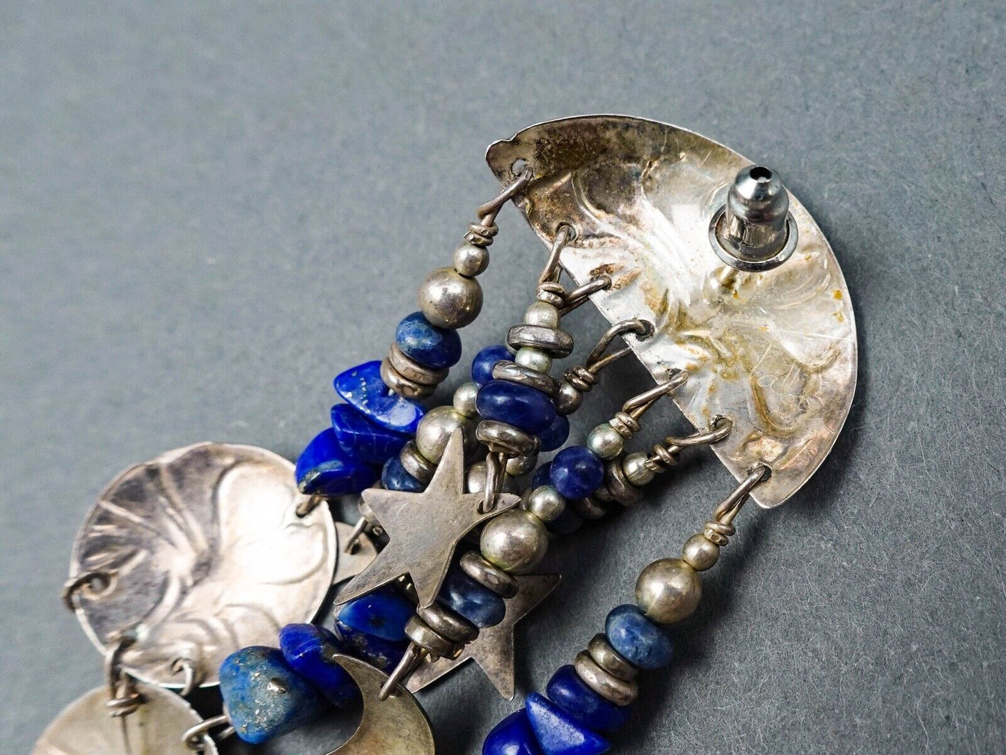 Tabra Vintage Sterling Silver Lapis Lazuli Lotus Star Moon Dangle Drop Earrings